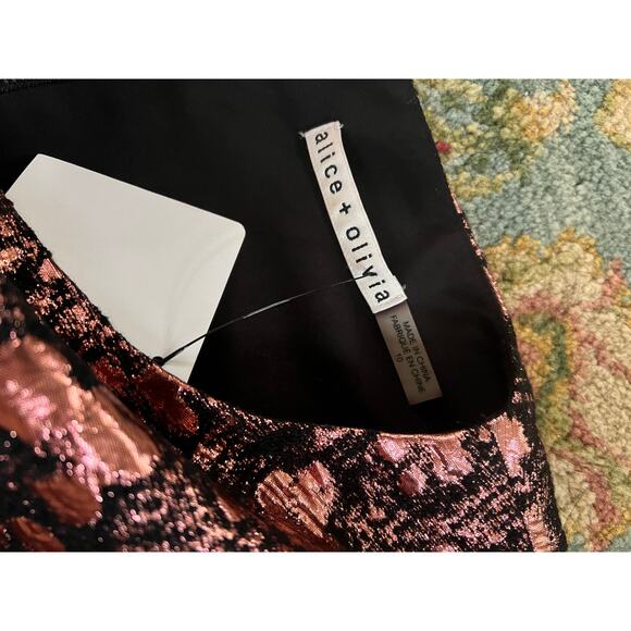 Alice + Olivia Bateau Metallic Bronze/Rose Gold Lamé Jacquard A-Line Mini Dress - Picture 9 of 14